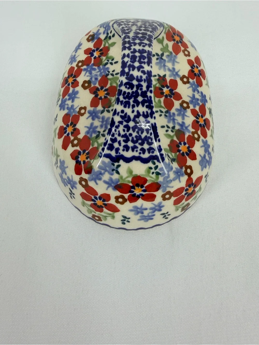 Polish Pottery Red Blue Floral Butter Dish Lid Only 6.5”
